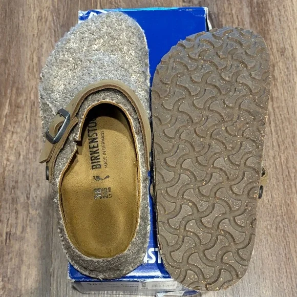 Birkenstock Gray Taupe Wool Clogs with Tan Strap - Picture 5 of 6